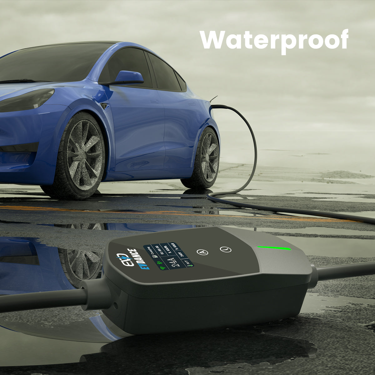 The EVDANCE Level 2 NEMA 14-30 Plug 24A Tesla Portable EV(Electric Vehicle) Charger has an IP66 waterproof rating.