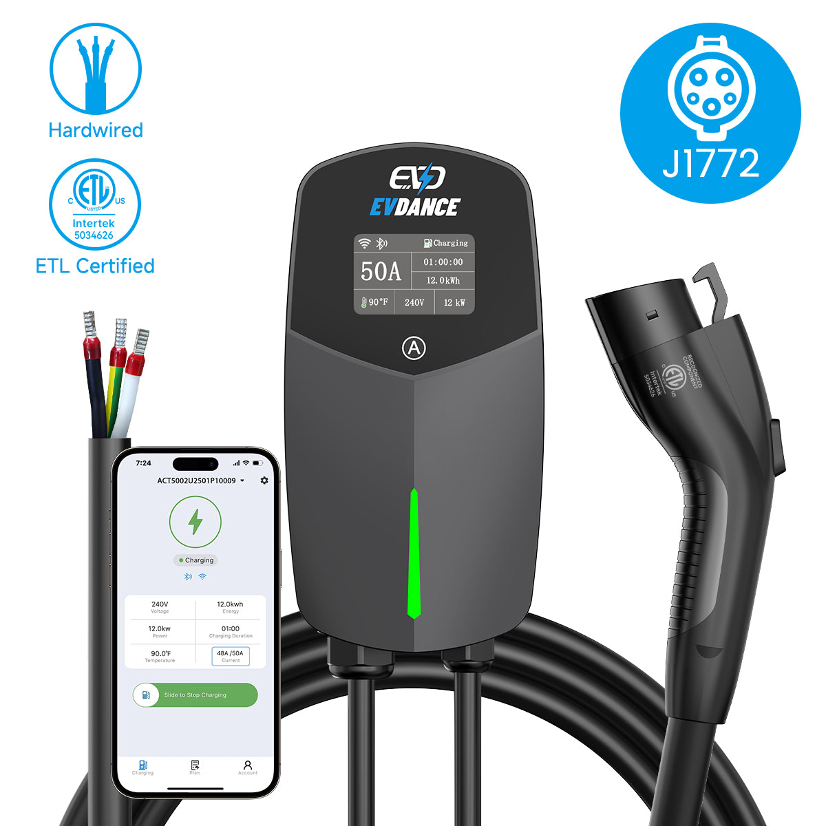 EVDANCE Home Level 2 EV Charger J1772 Wall-mounted Hardwired In - 50A