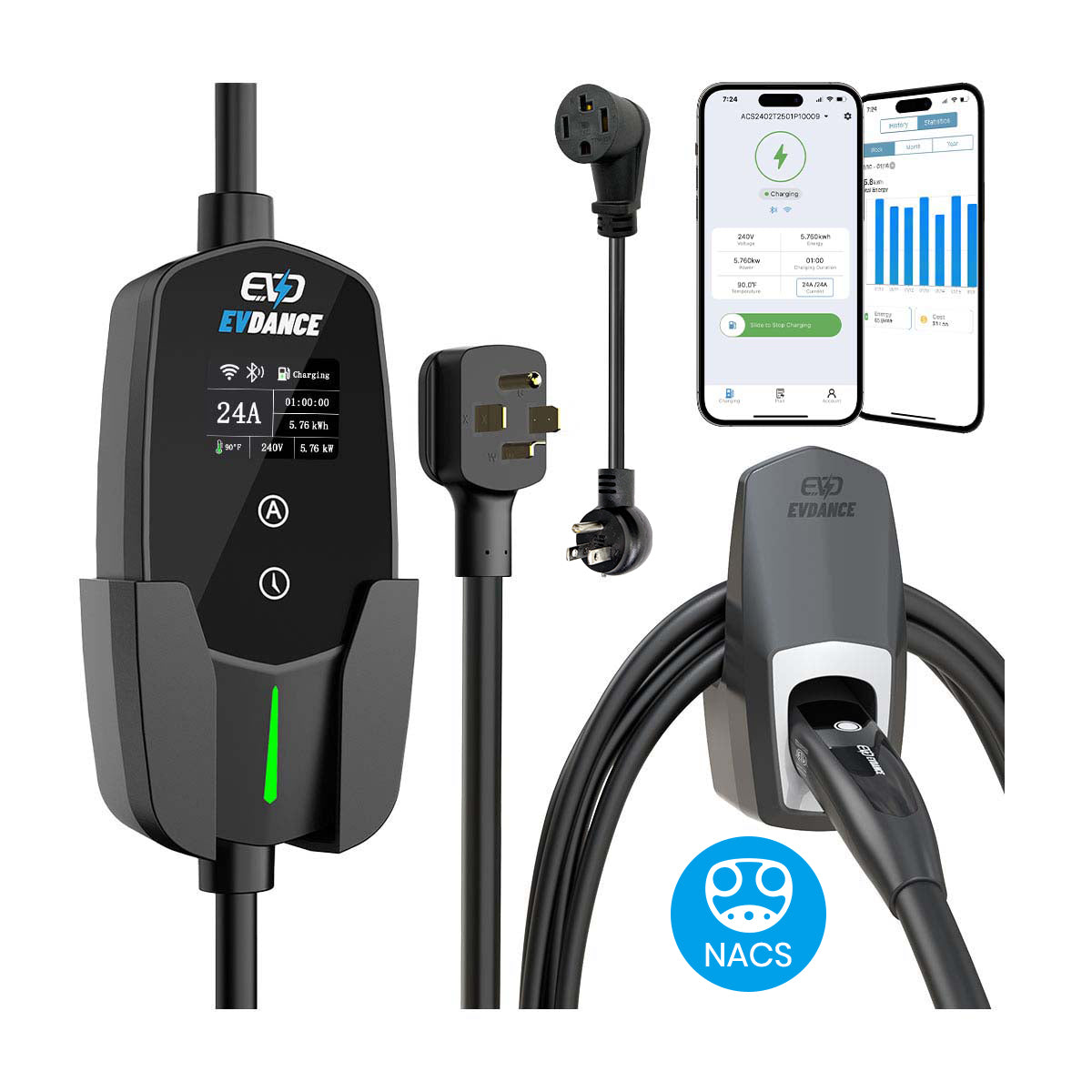 EVDANCE Level 2 NEMA 14-30 24A NACS Portable EV Charger