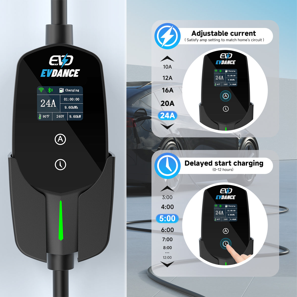 The EVDANCE Level 2 NEMA 10-30 Plug 24A Tesla Portable Electric Vehicle (EV) Charger allows for adjustable current and deayed start charging of 0 to 12 hours