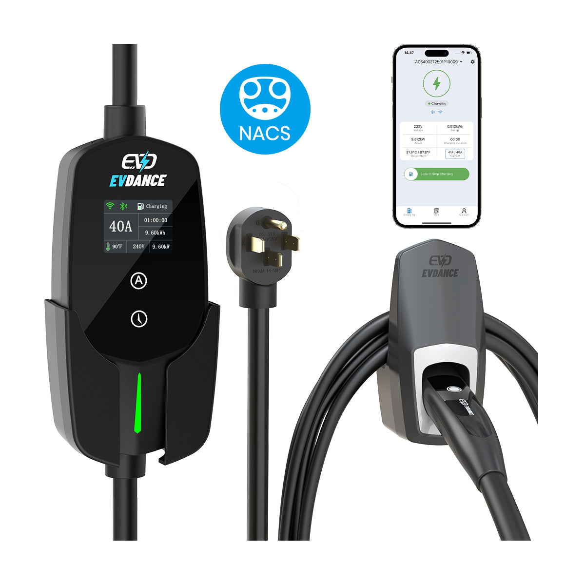 Chargeur portable Tesla EVDANCE Flux Niveau 2 NEMA 14-50 40 A, compatible Wi-Fi