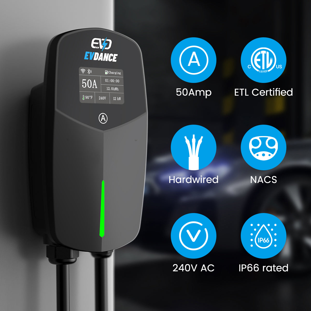 EVDANCE Home Level 2 EV Charger NACS Wall-mounted Hardwired In - 50A