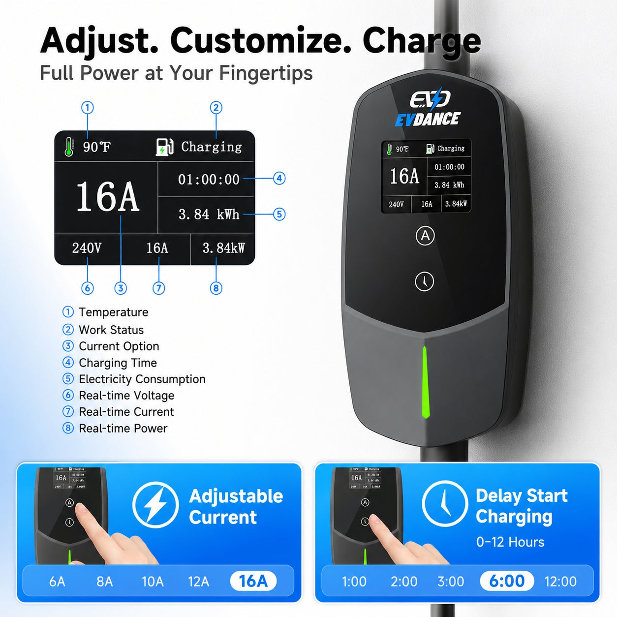EVDANCE Flux Level 1 & 2 NEMA 5-15 Plug J1772 Portable EV Charger 12A/16A | ETL Certification
