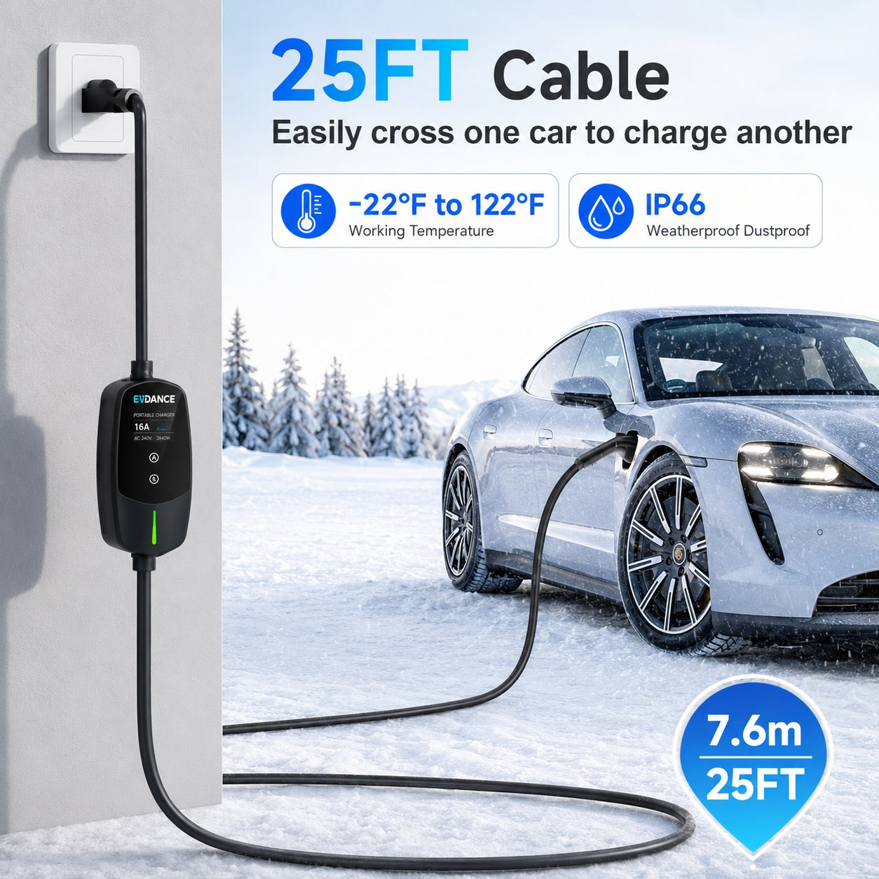 EVDANCE Flux Level 1 & 2 NEMA 5-15 Plug J1772 Portable EV Charger 12A/16A | ETL Certification
