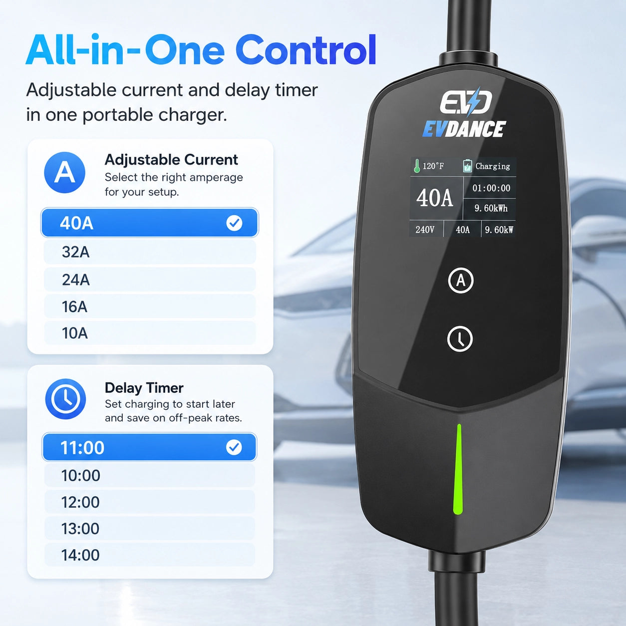 EVDANCE Flux Level 2 NEMA 14-50 40A J1772 Portable EV Charger | ETL Certification