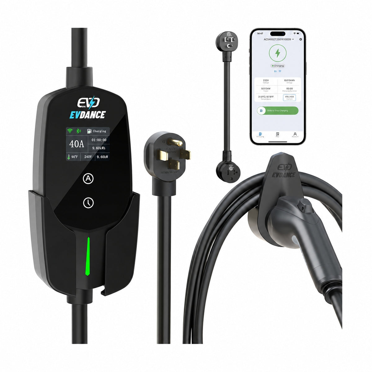 EVDANCE Flux Level 2 NEMA 14-50 40A J1772 Portable EV Charger | ETL Certification