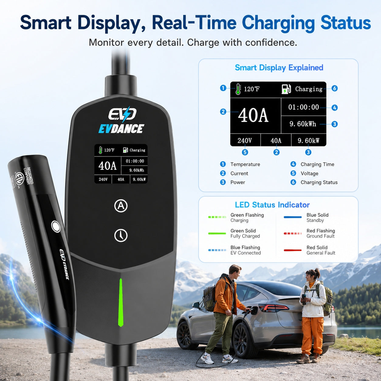 EVDANCE Flux Level 2 NEMA 14-50 40A Tesla Portable EV Charger Wifi Enabled
