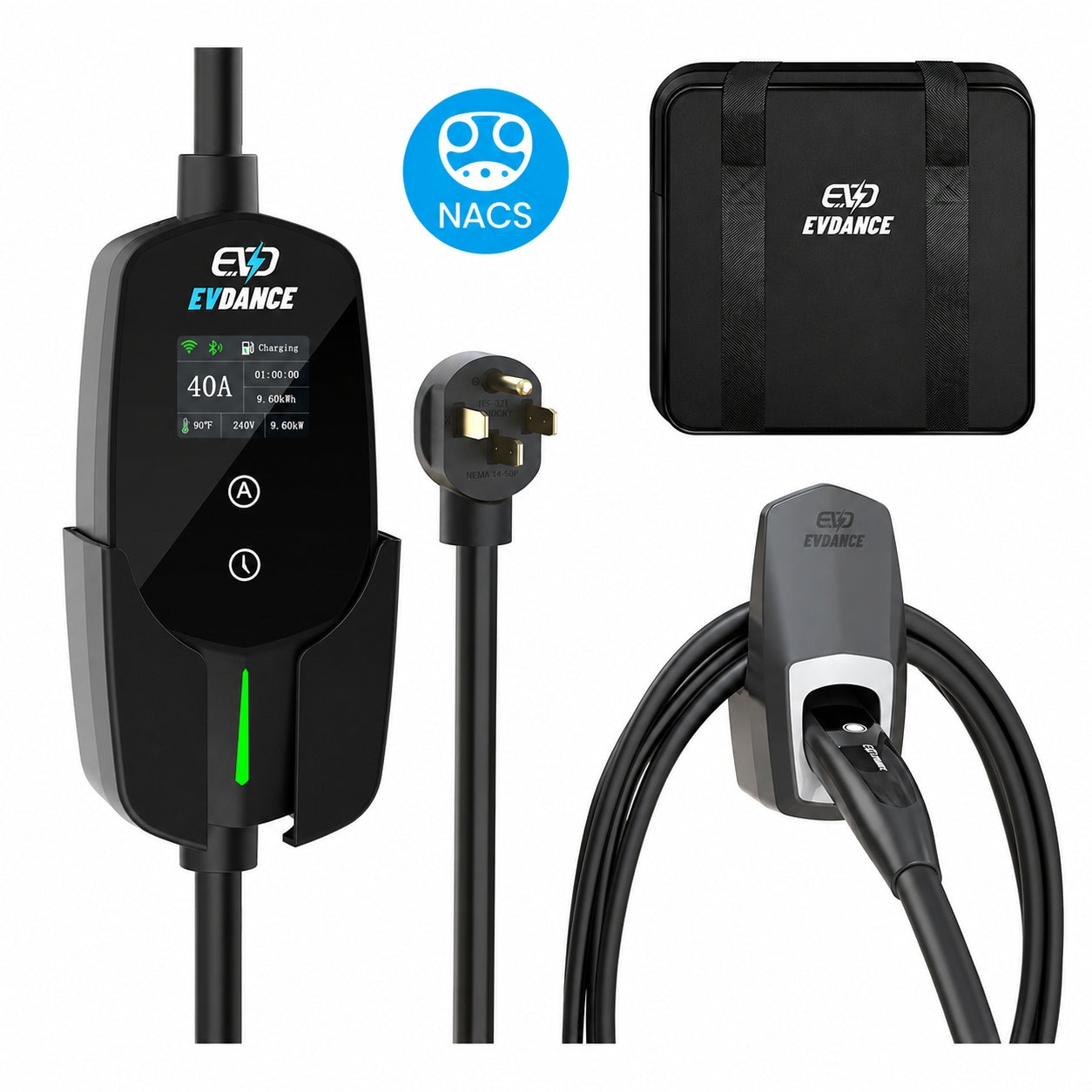 EVDANCE Flux Level 2 NEMA 14-50 40A Tesla Portable EV Charger Wifi Enabled