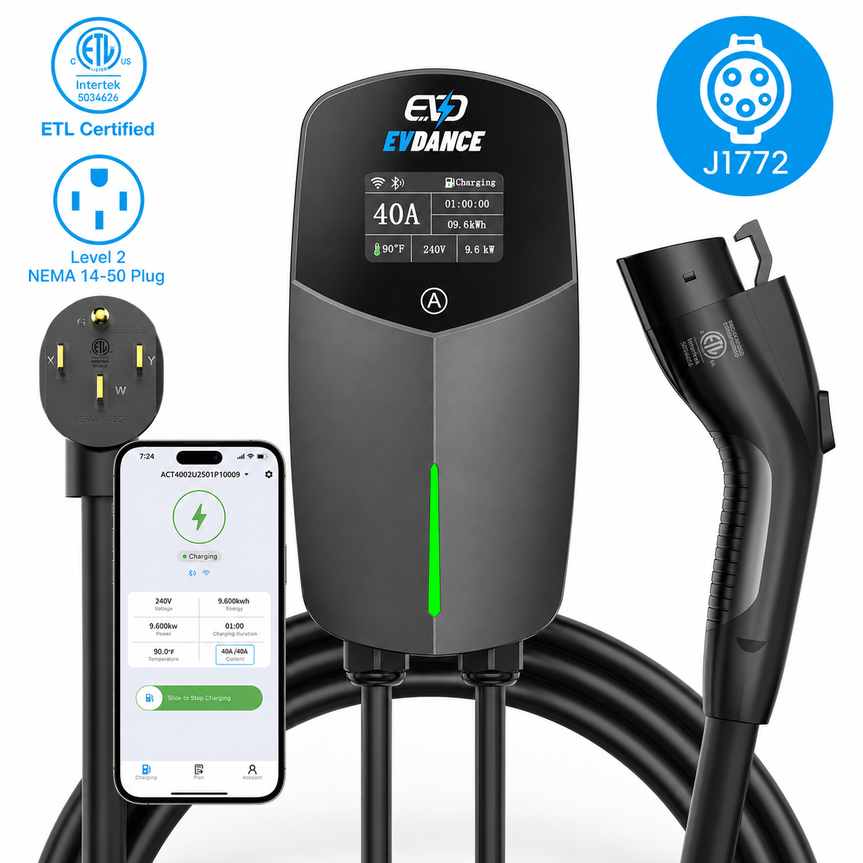 EVDANCE Home Level 2 EV Charger NEMA 14-50 J1772 Wall-mounted Plug In - 40A