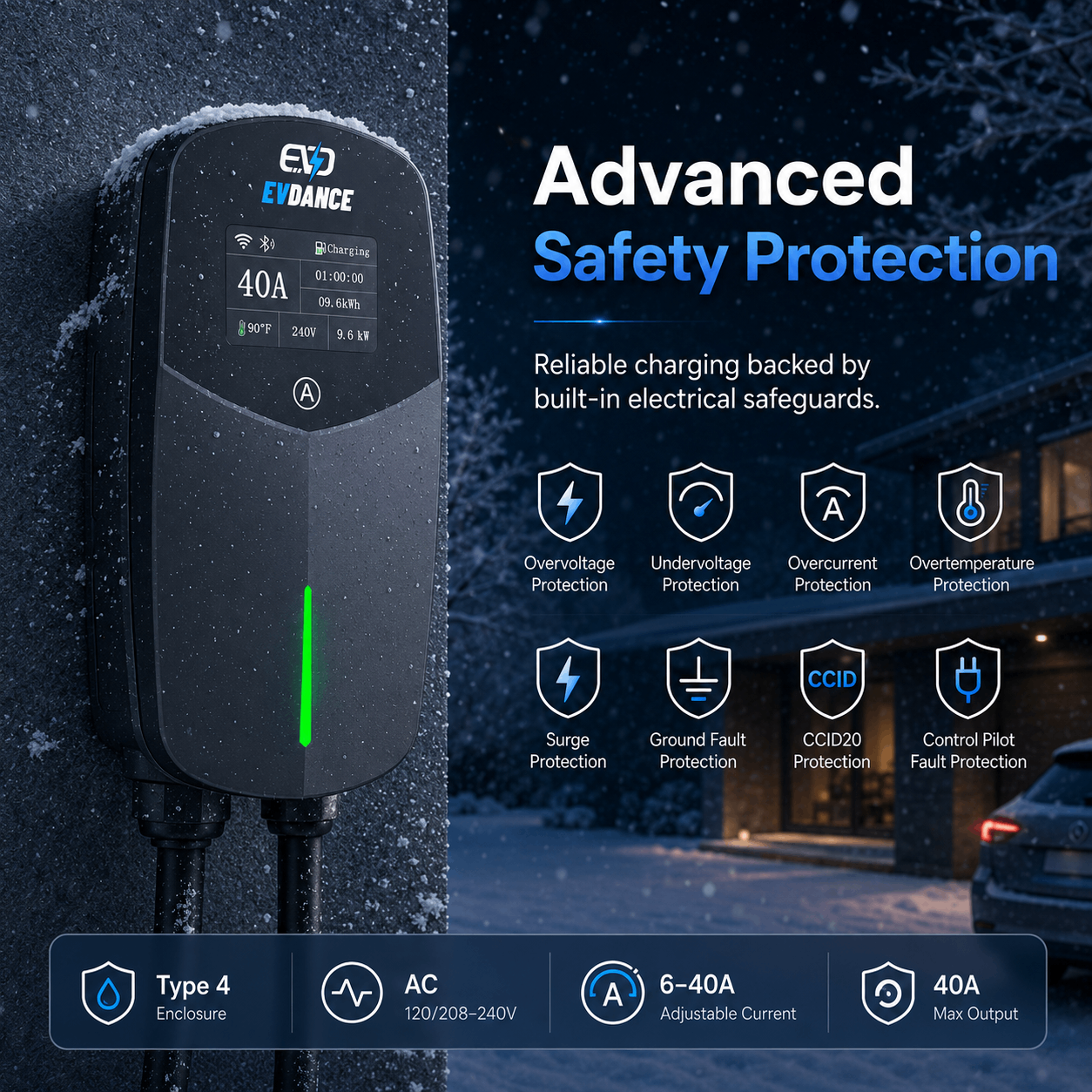 EVDANCE Home Level 2 EV Charger NEMA 14-50 J1772 Wall-mounted Plug In - 40A