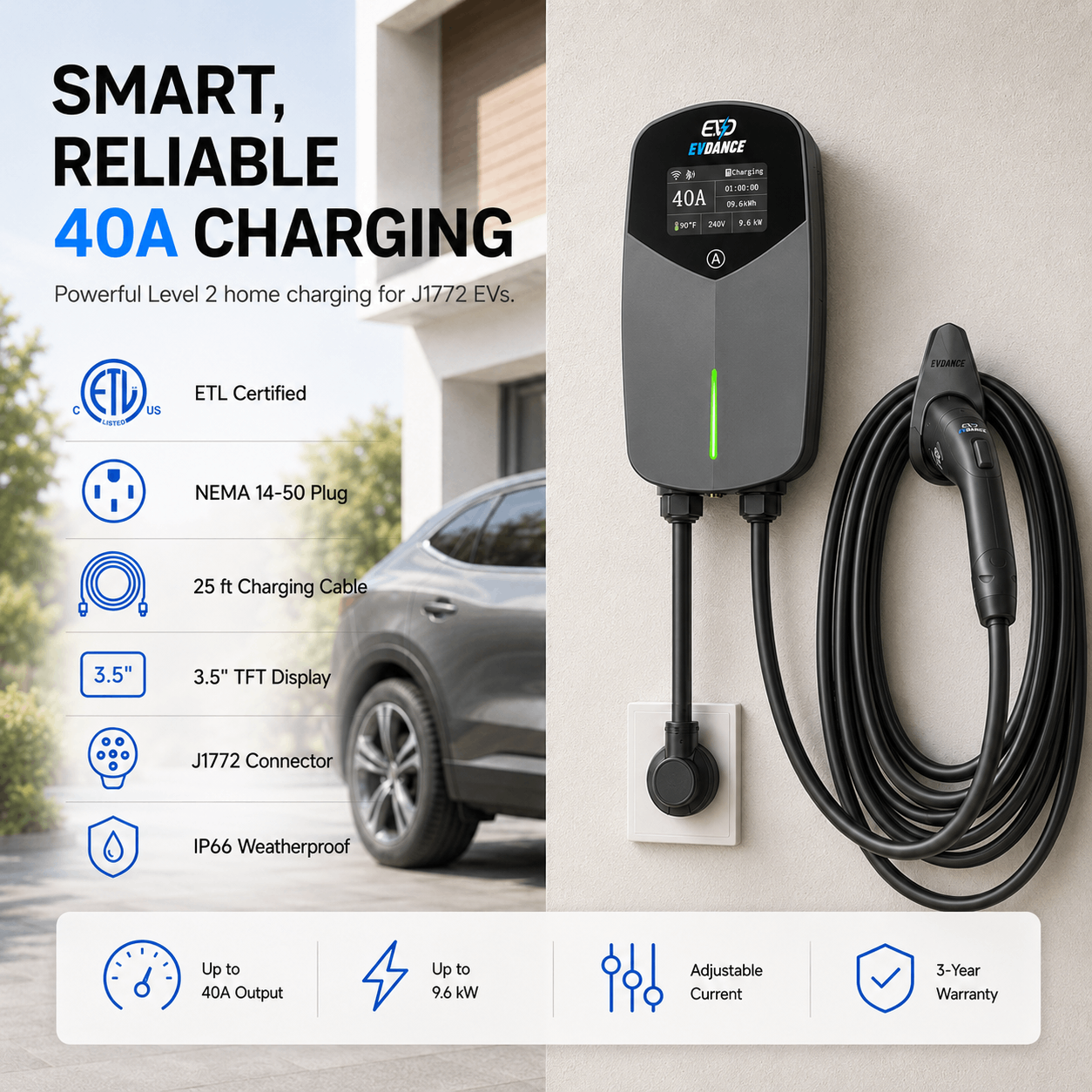 EVDANCE Home Level 2 EV Charger NEMA 14-50 J1772 Wall-mounted Plug In - 40A