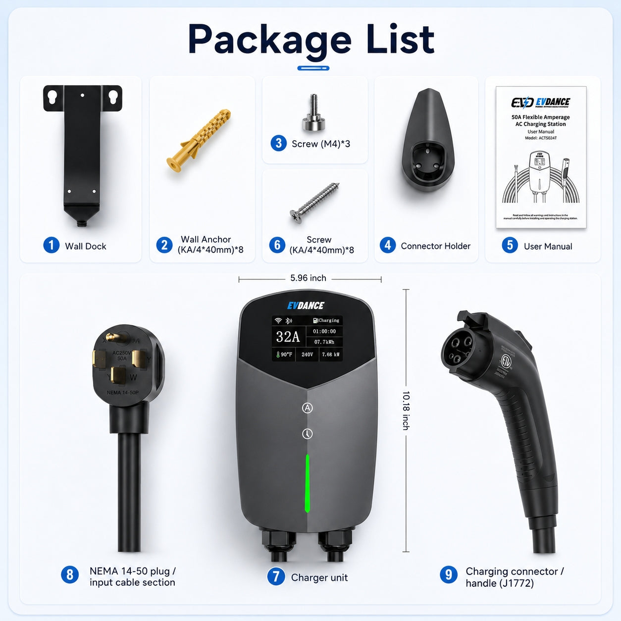 EVDANCE Home Level 2 EV Charging J1772 NEMA 14-50 Plug ETL Certified - 32A | 240V