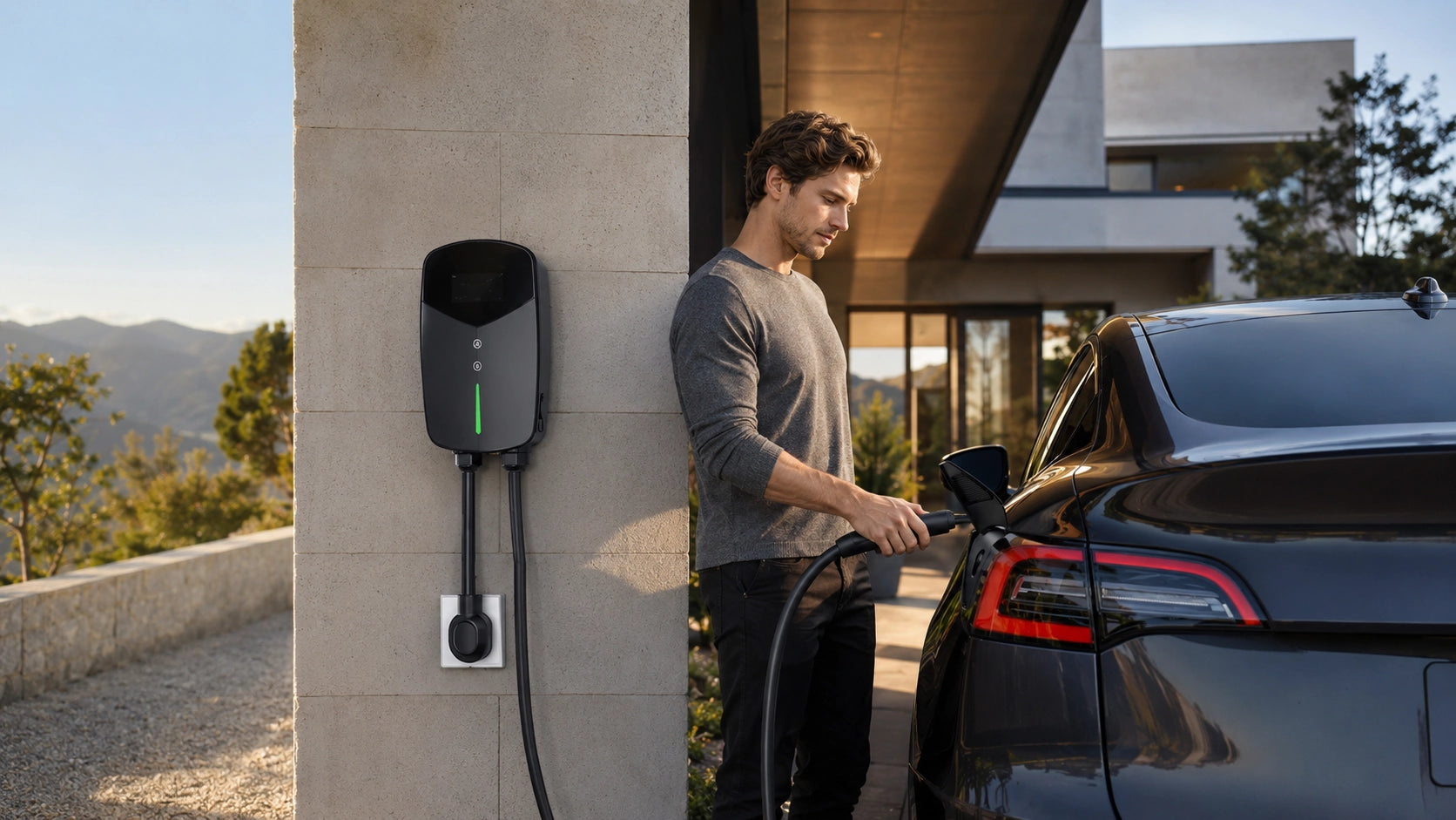 EVDANCE 32A Level 2 Tesla/NACS home EV charger mounted outdoors, charging an electric vehicle in a driveway with NEMA 14-50 plug-in setup.