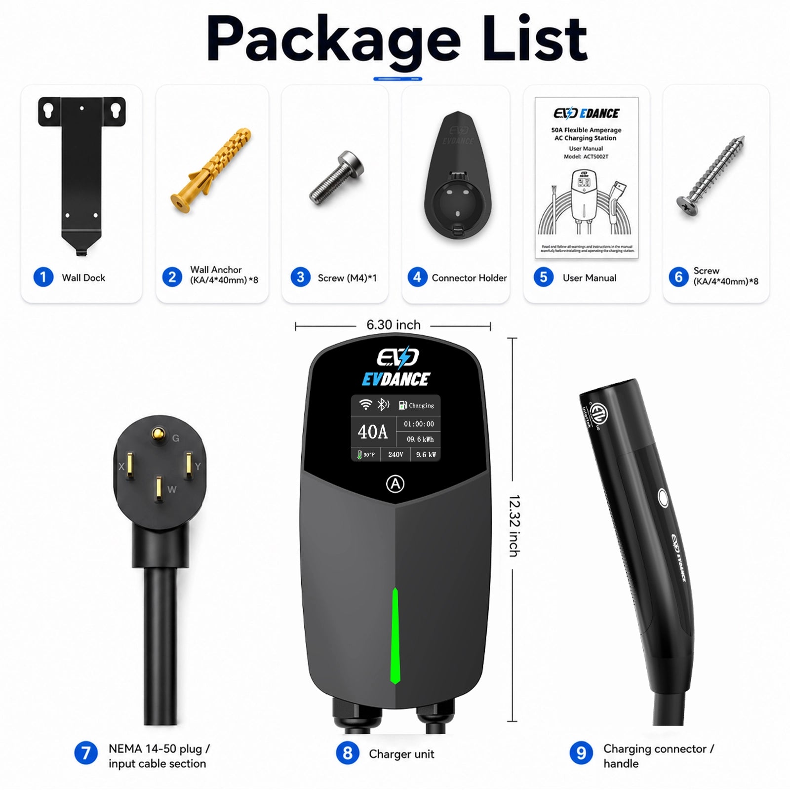 EVDANCE Level 2 EV Charger NEMA 14-50 NACS Wall-mounted Plug In - 40A | ETL Certification