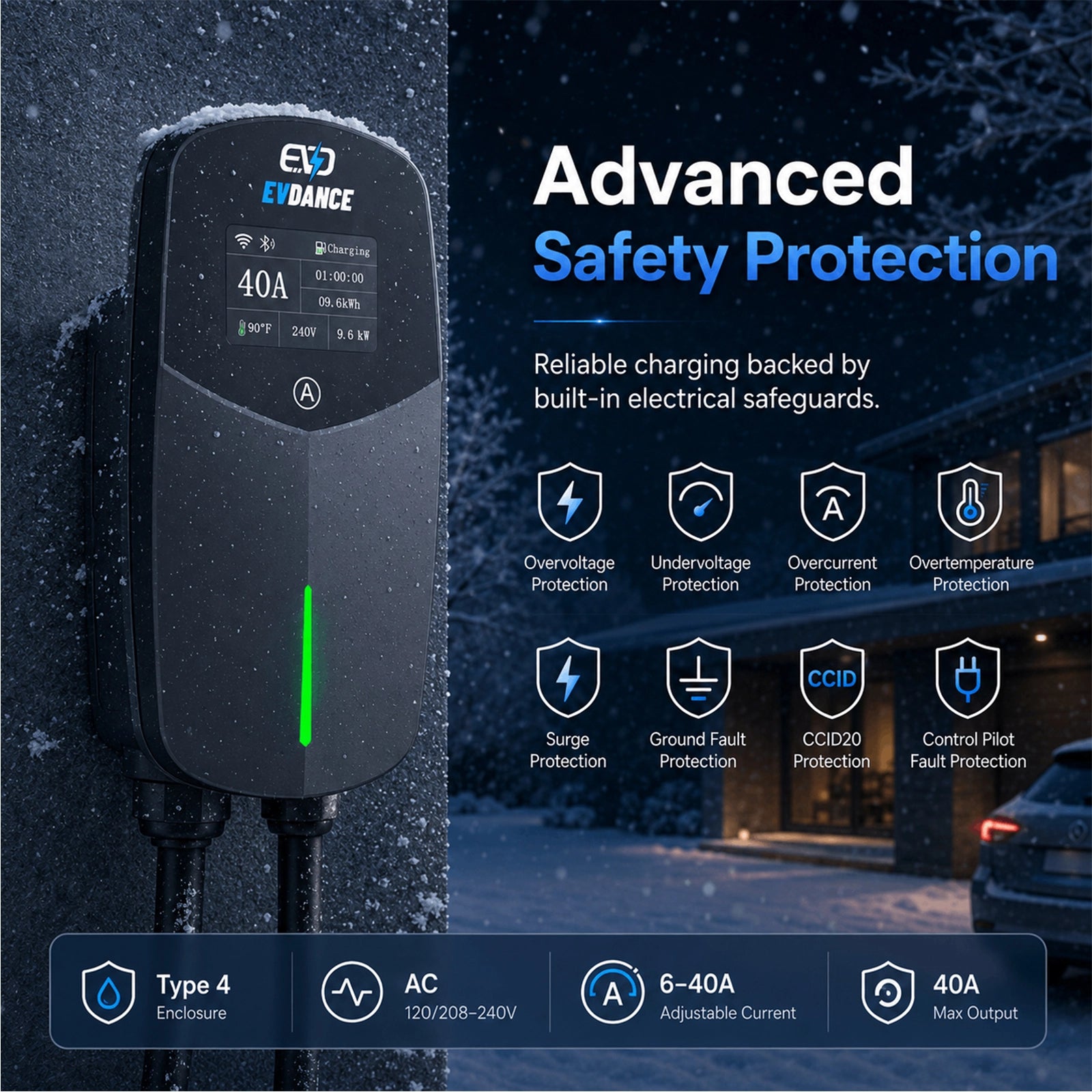 EVDANCE Level 2 EV Charger NEMA 14-50 NACS Wall-mounted Plug In - 40A | ETL Certification