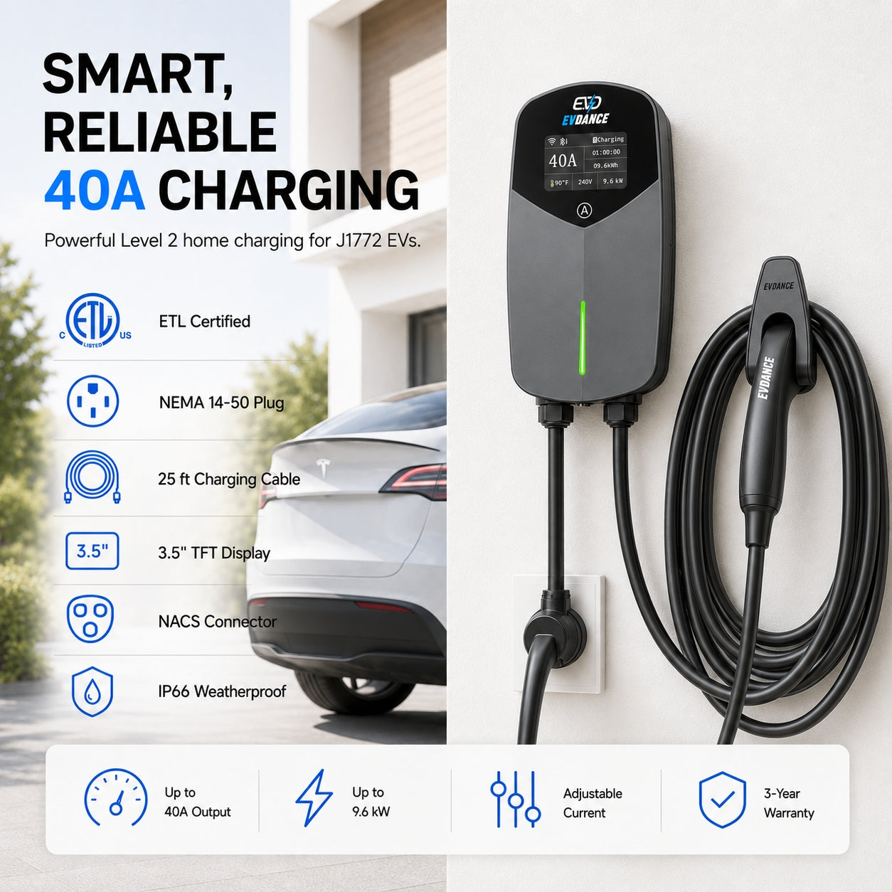 EVDANCE Level 2 EV Charger NEMA 14-50 NACS Wall-mounted Plug In - 40A | ETL Certification