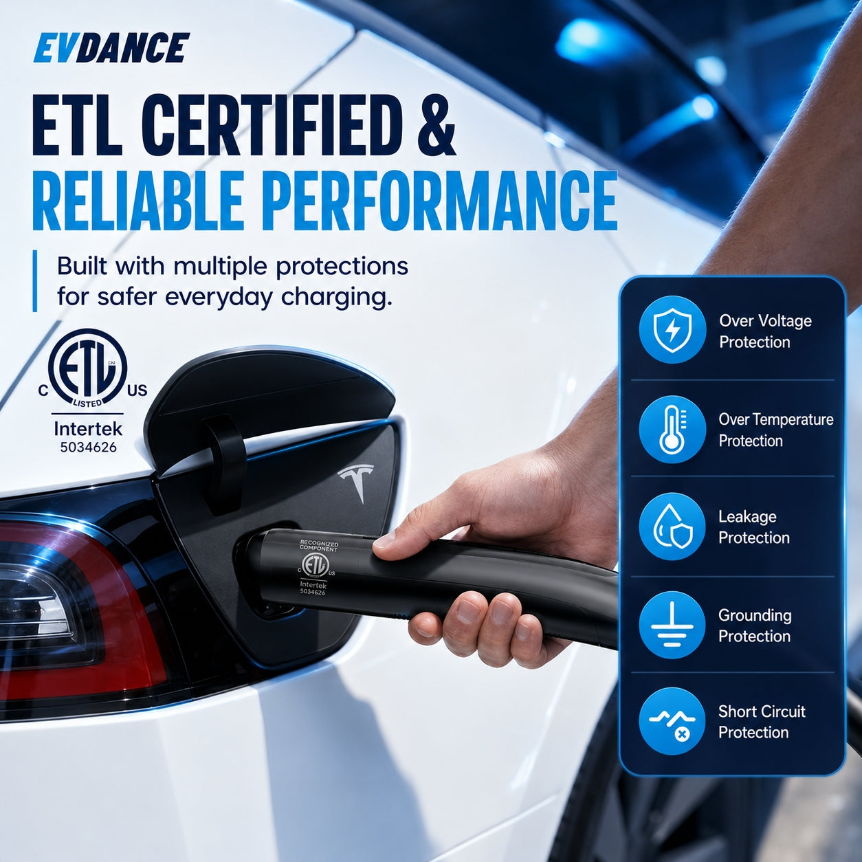 EVDANCE Level 2 NEMA 10-30 24A NACS Portable EV Charger | ETL Certification