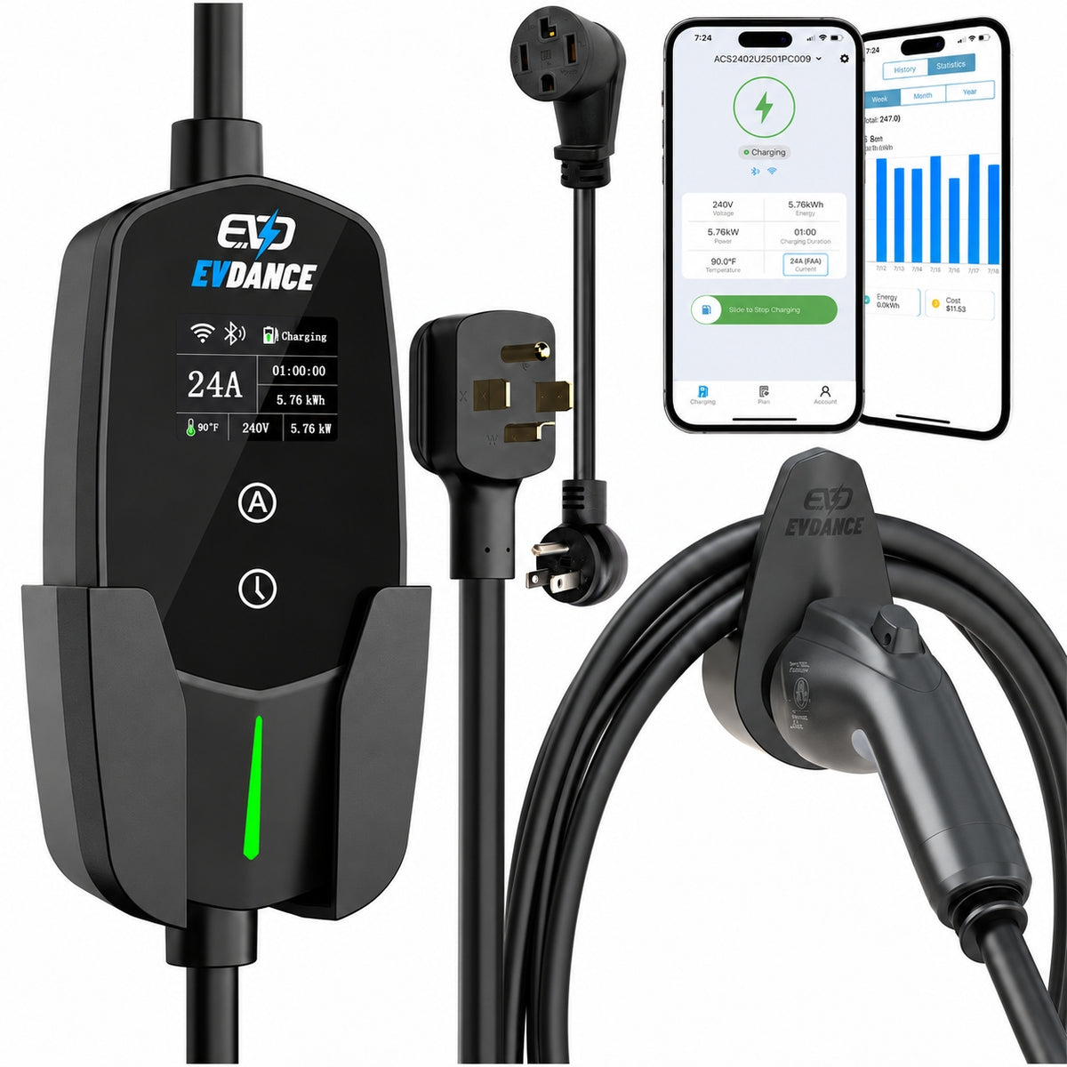 EVDANCE Level 2 NEMA 14-30 24A J1772 Portable EV Charger | ETL Certification