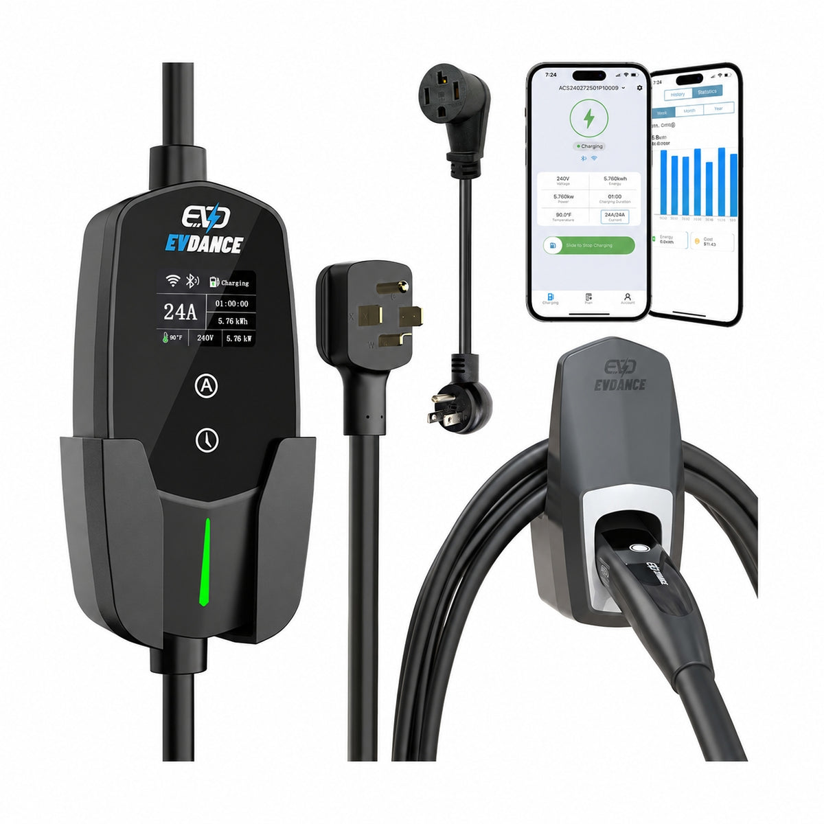 EVDANCE Level 2 NEMA 14-30 24A NACS Portable EV Charger | ETL Certification