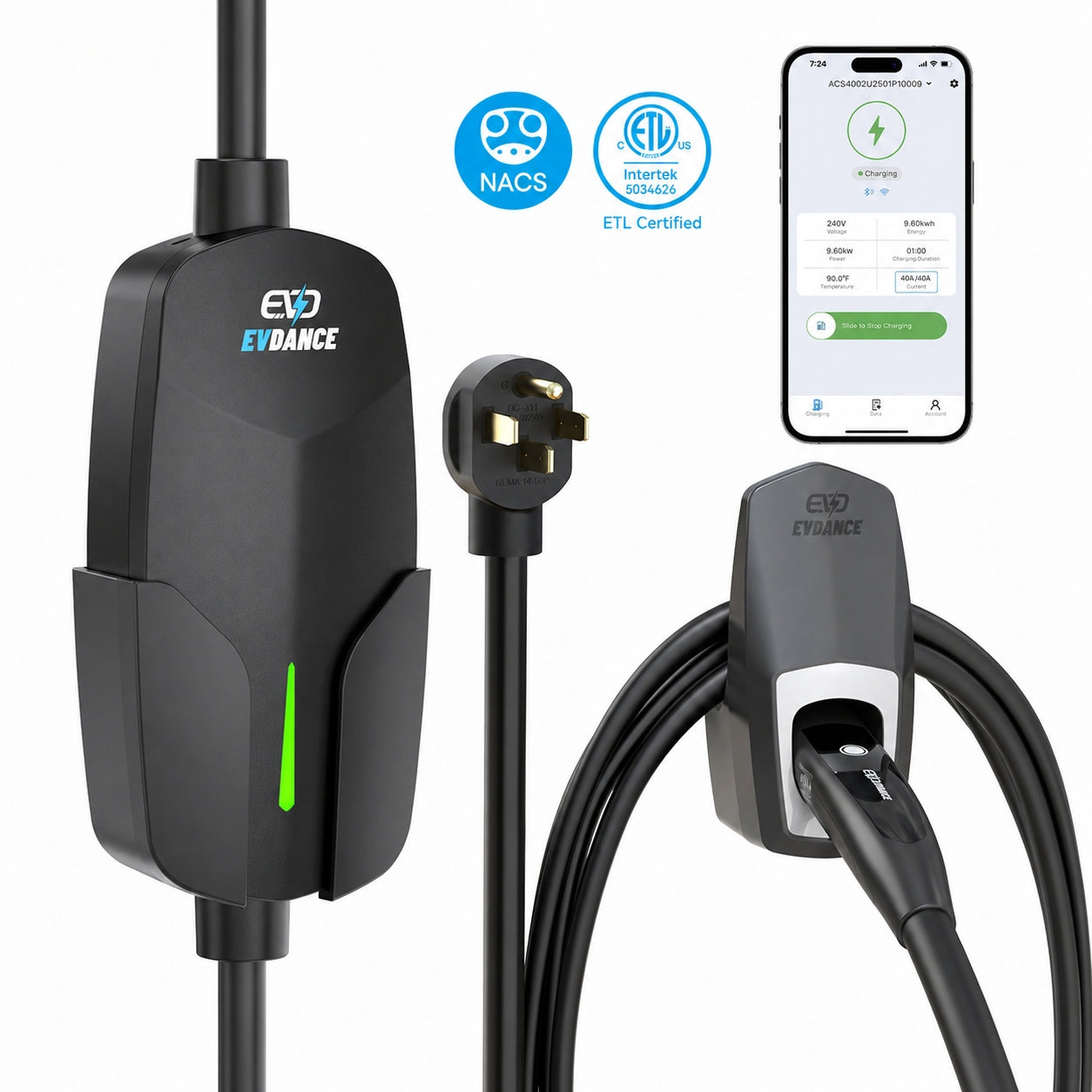 EVDANCE Level 2 NEMA 14-50 32A Tesla/NACS Portable EV Charger