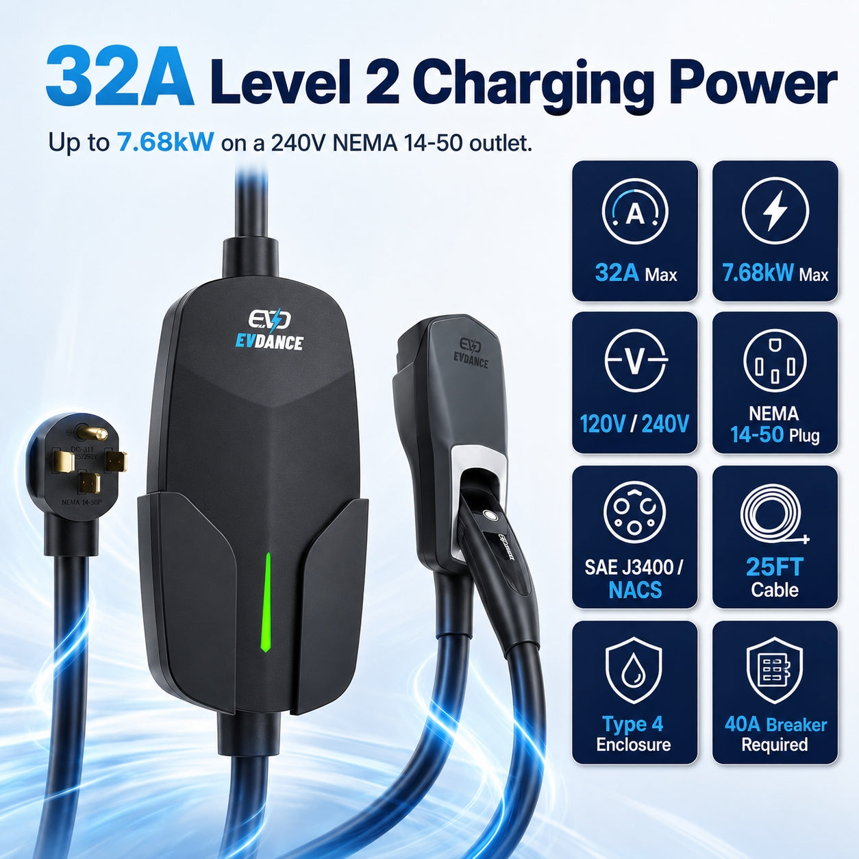 EVDANCE Level 2 NEMA 14-50 32A Tesla/NACS Portable EV Charger