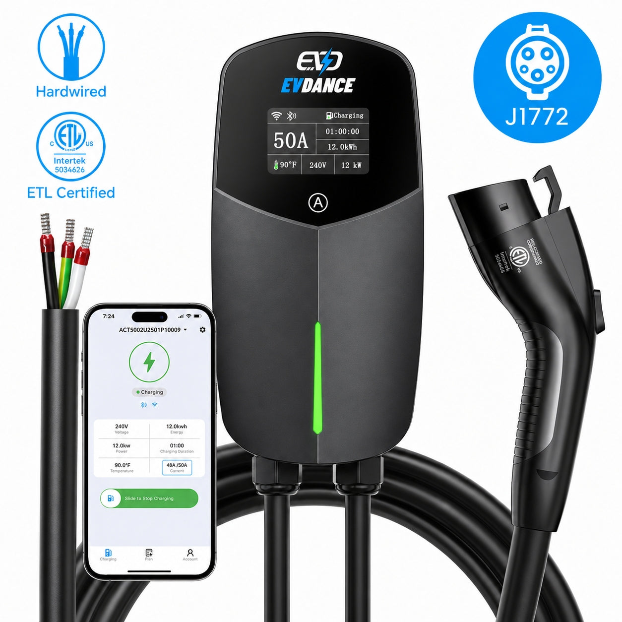 EVDANCE Home Level 2 EV Charger J1772 Wall-mounted Hardwired In - 50A | ETL Certification