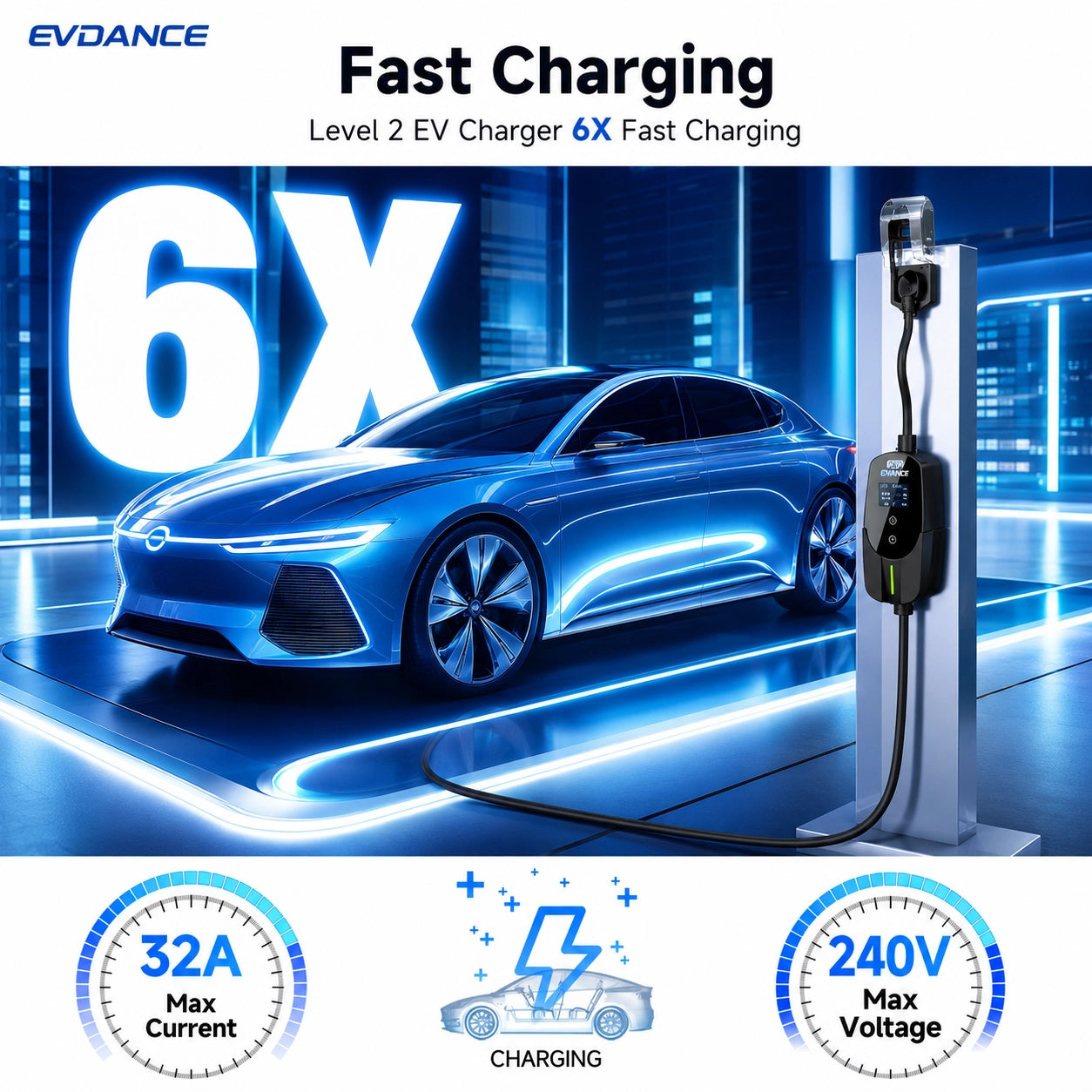 EVDANCE Level 2 NEMA 14-50 32A Tesla/NACS Portable EV Charger | ETL Certification