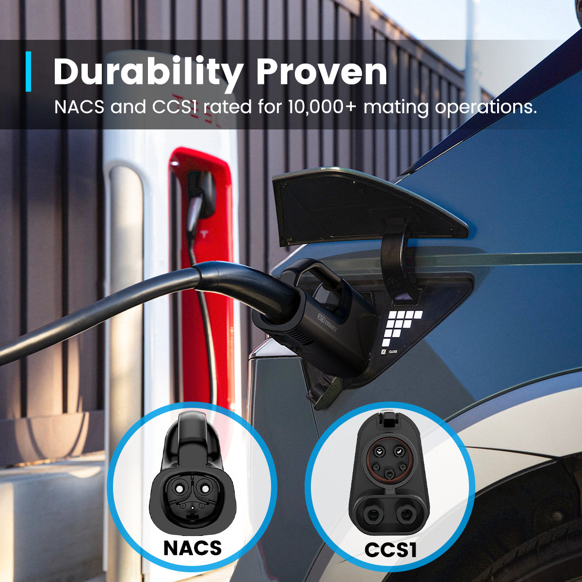 A IONIQ 6 is charging in Tesla super charging station with EVDANCE Pulse Fusion NACS DC to ccs1 adapter charging