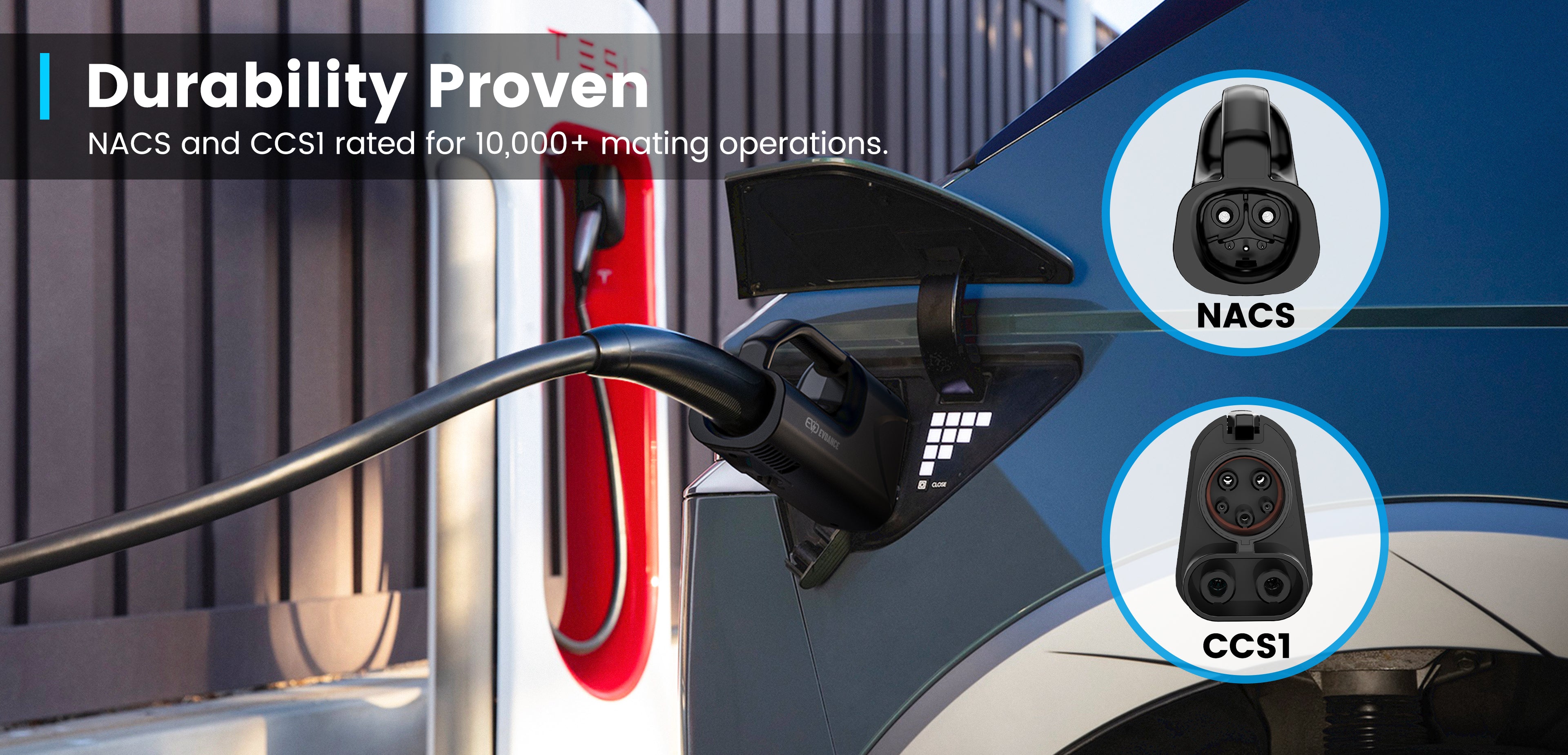 A IONIQ 6 is charging in Tesla super charging station with EVDANCE Pulse Fusion NACS DC to ccs1 adapter charging
