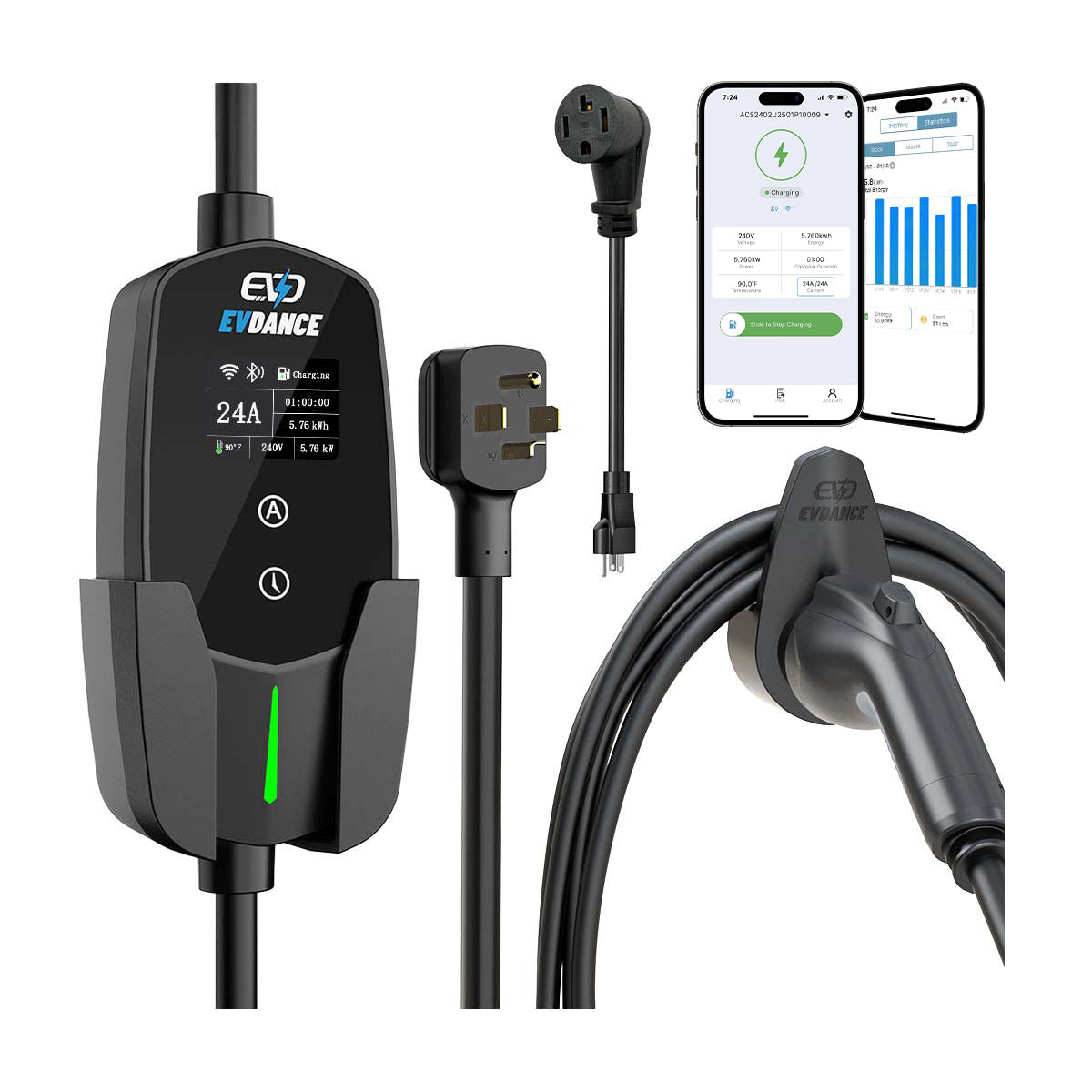 Chargeur de véhicule électrique portable EVDANCE niveau 2 NEMA 14-30 24 A J1772 