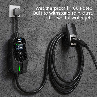 The EVDANCE Level 2 NEMA 14-30 Plug 24A Tesla  Portable Electric Vehicle (EV) Charger Weatherproof | IP66 Rated, built to withtand rain, dust and powerful water jets.