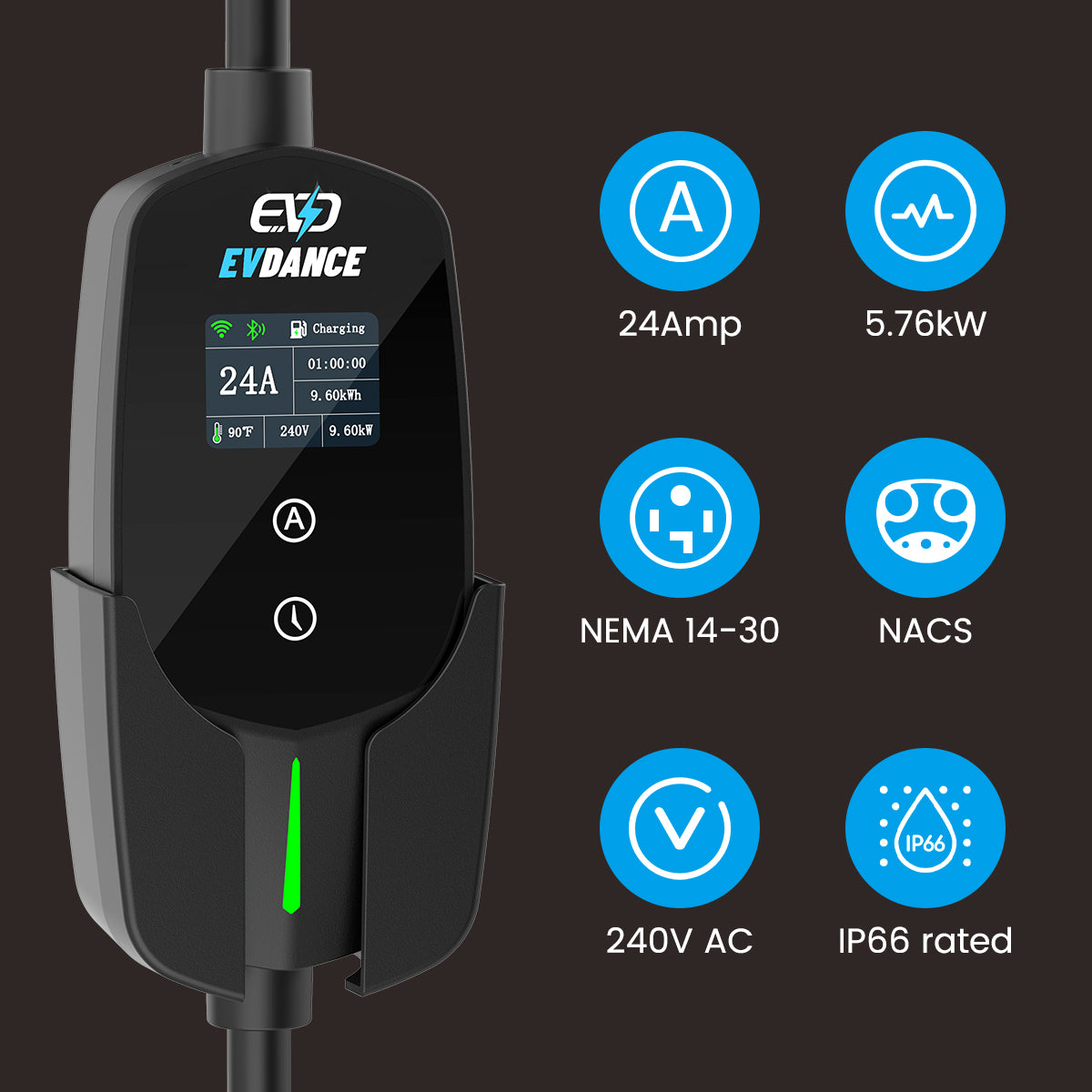 The EVDANCE Level 2 NEMA 14-30 Plug 24A AC 240V NACS Portable Electric Vehicle (EV) Charger - IP66 rated