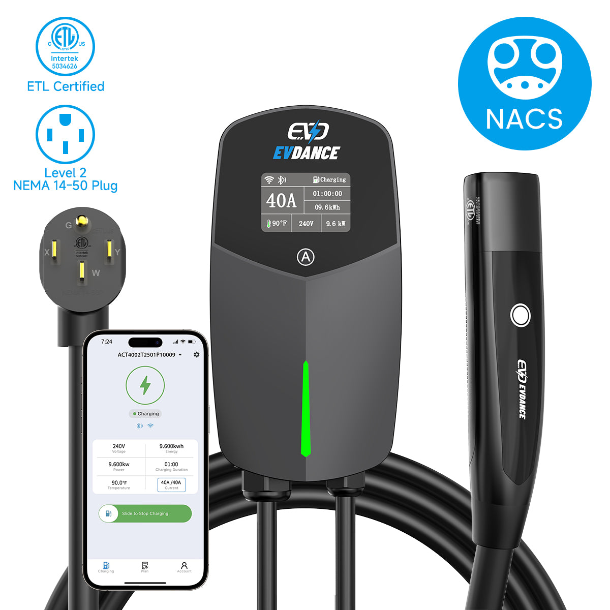 EVDANCE Level 2 EV Charger NEMA 14-50 NACS Wall-mounted Plug In - 40A
