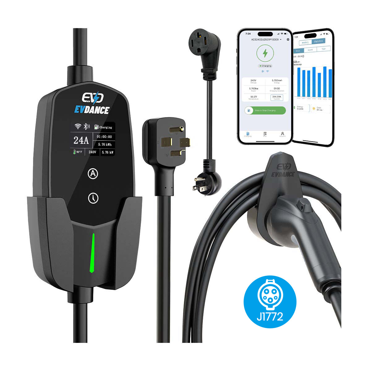 Chargeur de véhicule électrique portable EVDANCE niveau 2 NEMA 14-30 24 A J1772 