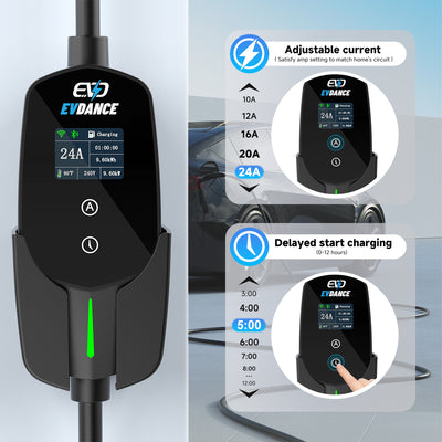 The EVDANCE Level 2 NEMA 10-30 Plug 24A Tesla Portable Electric Vehicle (EV) Charger allows for adjustable current and deayed start charging of 0 to 12 hours