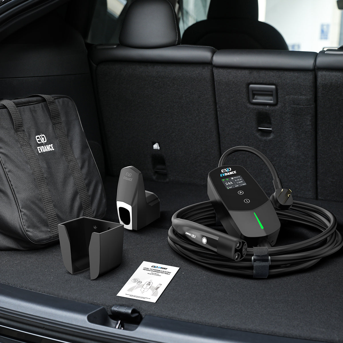 EVDANCE Level 2 NEMA 10-30 Plug 24A Portable EV Charger, a connector holder, a charger holder, a product manuals and  a carrying bag.