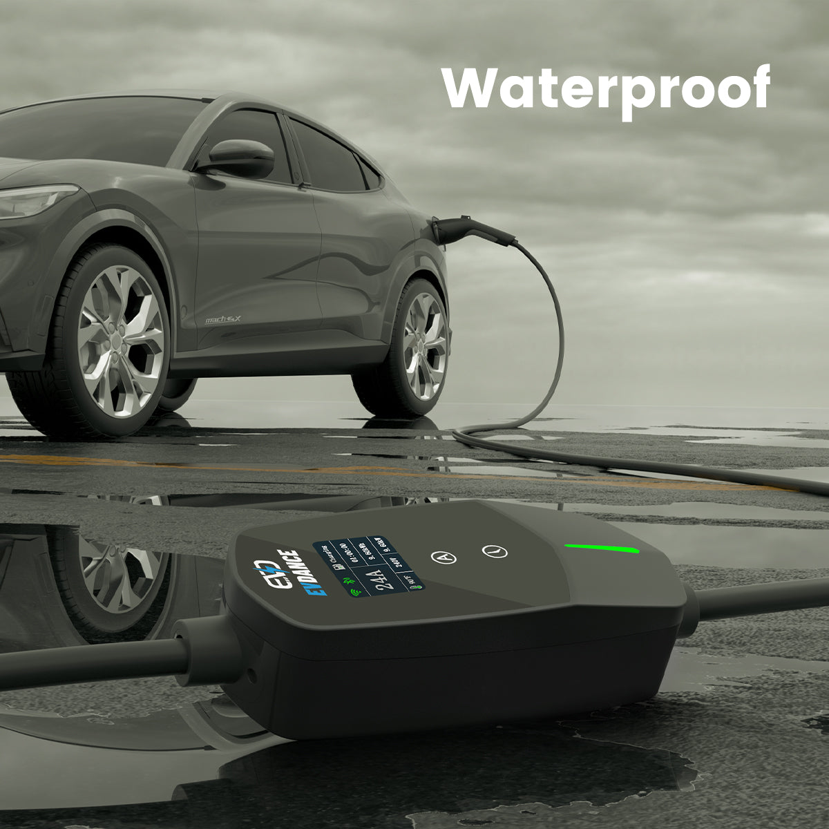 The EVDANCE  Level 2 NEMA 14-30 Plug 24A J1772 Portable EV(Electric Vehicle) Charger has an IP66 waterproof rating.