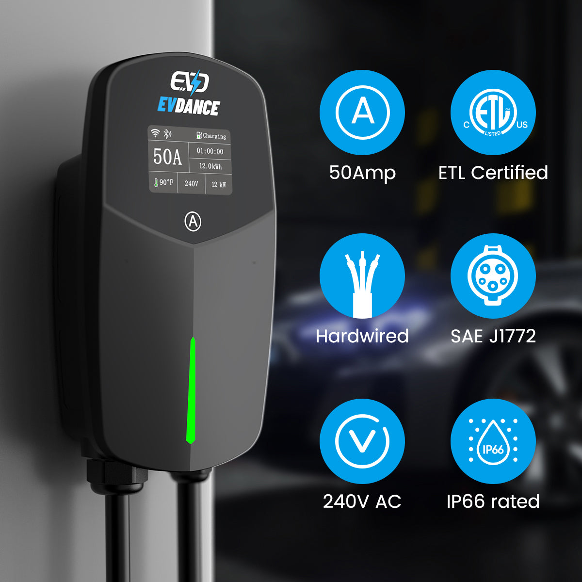 EVDANCE  Home Level 2 EV Charger J1772 Wall-mounted Hardwired In - 50A