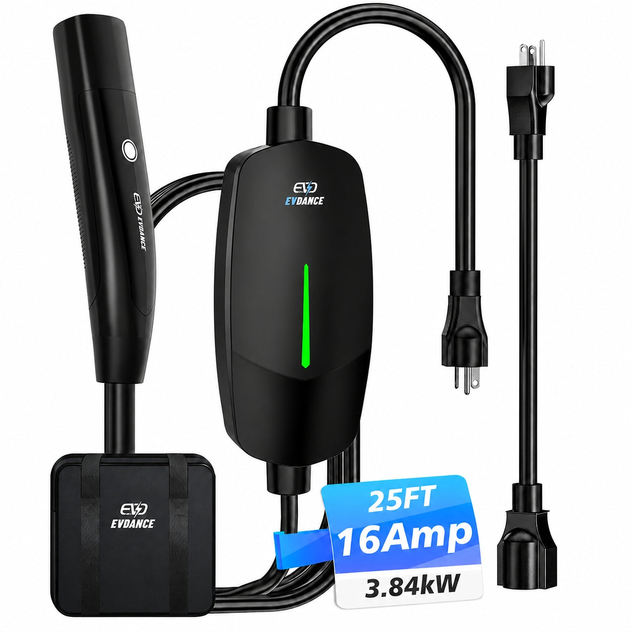 EVDANCE Portable Tesla Level 1+2 EV Charger | 110V &240V| 16 Amp | NEMA 5-15&6-20#color_black