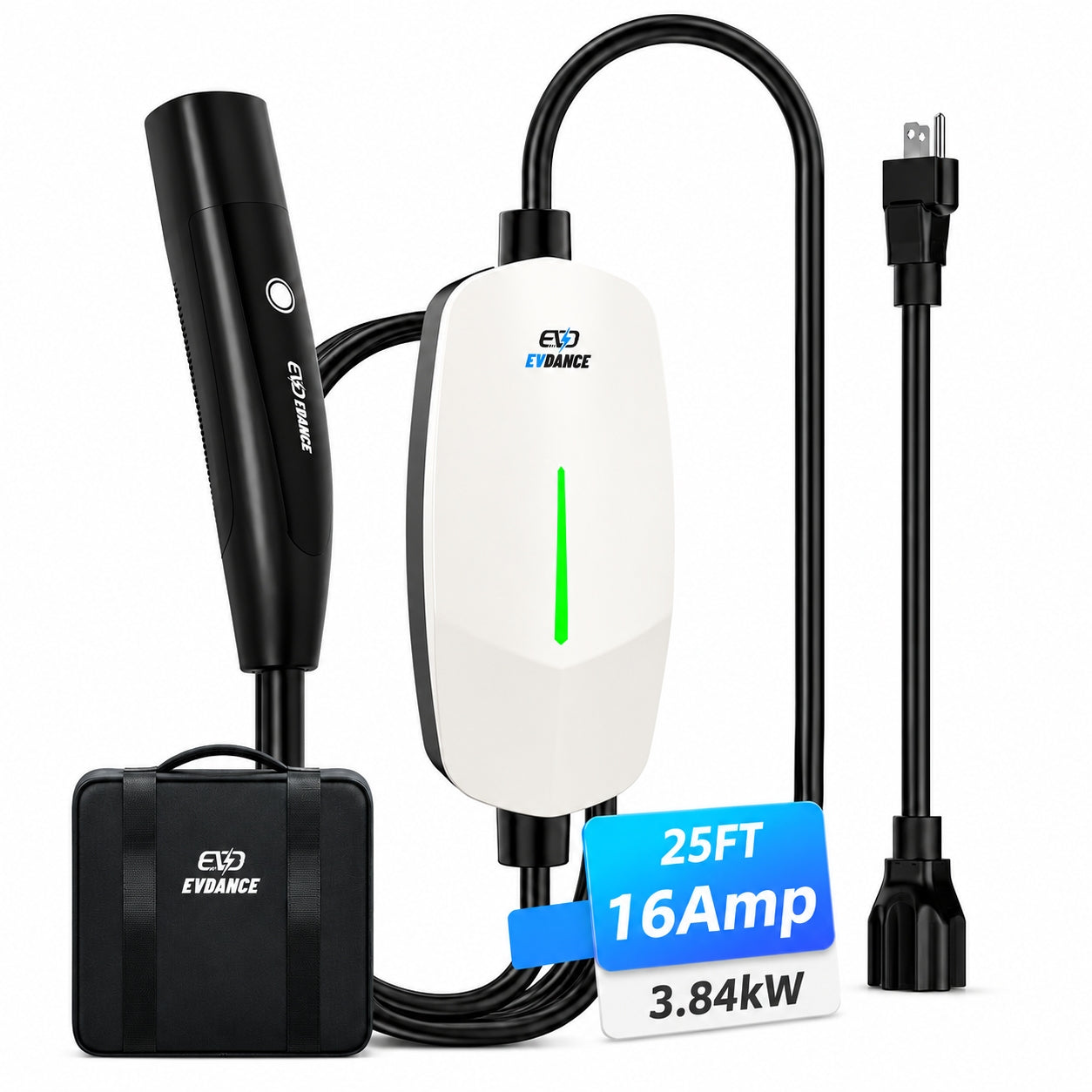 EVDANCE Portable Tesla Level 1+2 EV Charger | 110V &240V| 16 Amp | NEMA 5-15&6-20#color_white