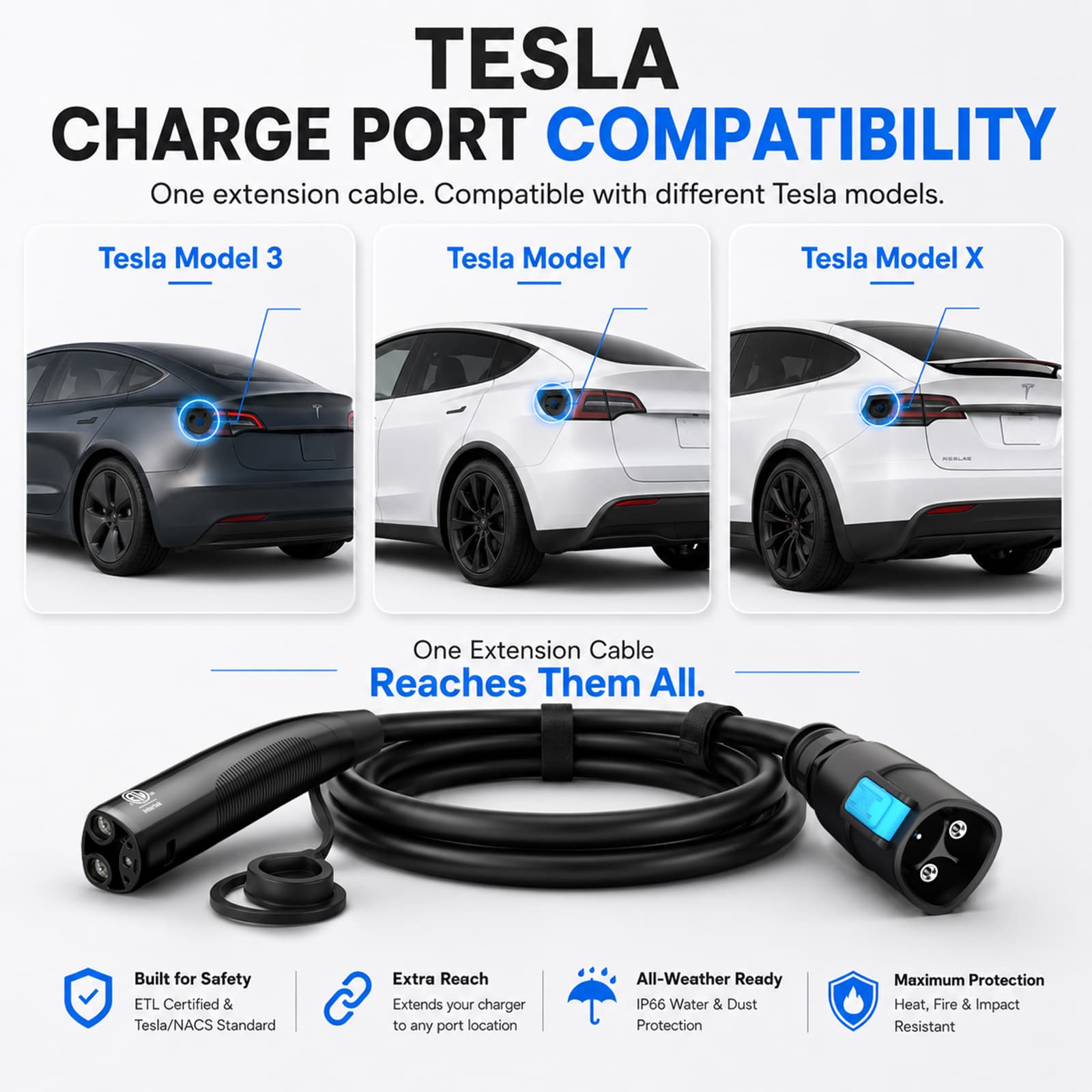 EVDANCE Nexus Reach Tesla EV Charging Extension Cords 40A 21FT