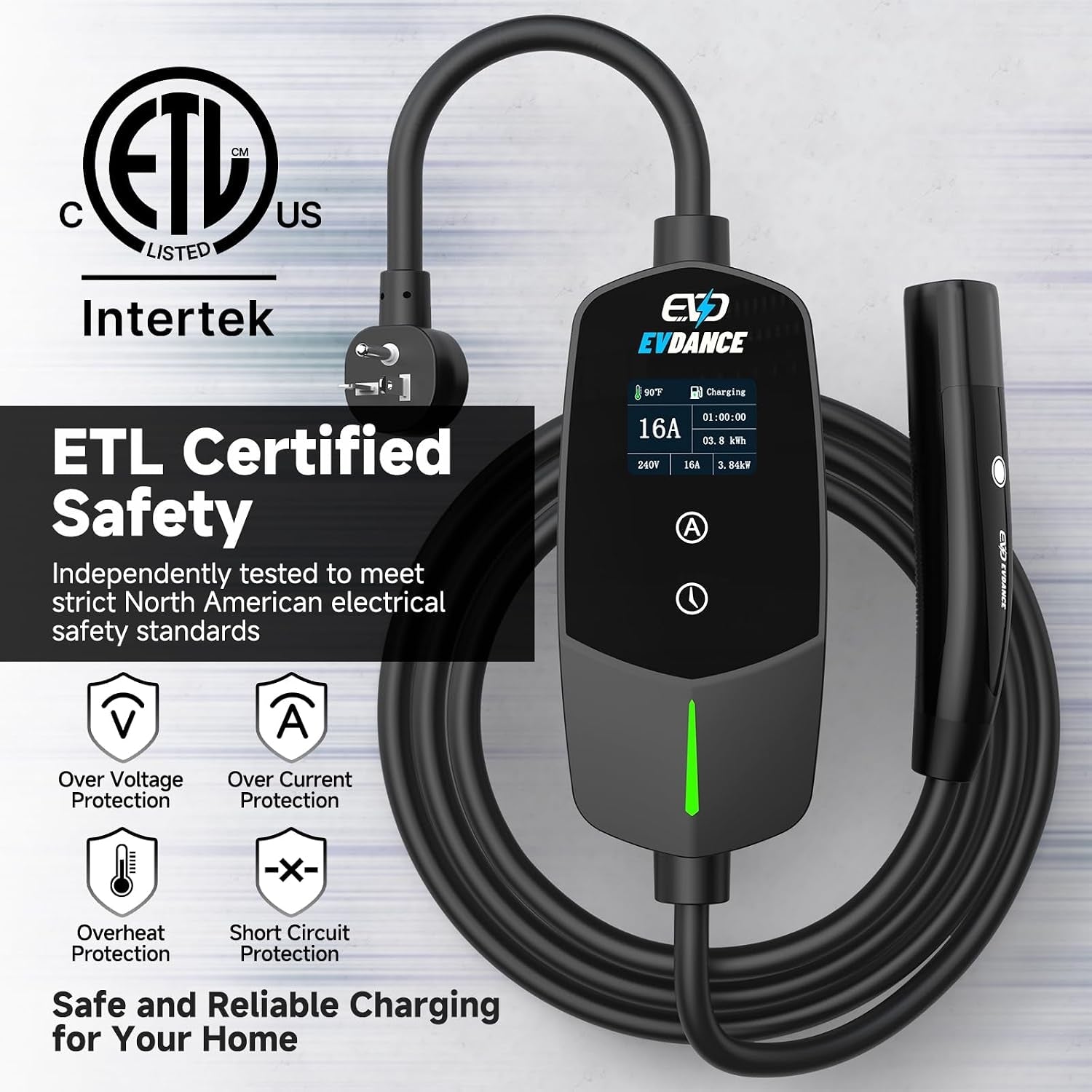 EVDANCE Flux Level 1 & 2NEMA 5-15 Plug NACS Portable EV Charger 12A/16A | ETL Certification