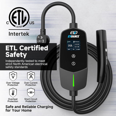 EVDANCE Flux Level 1 & 2NEMA 5-15 Plug NACS Portable EV Charger 12A/16A | ETL Certification