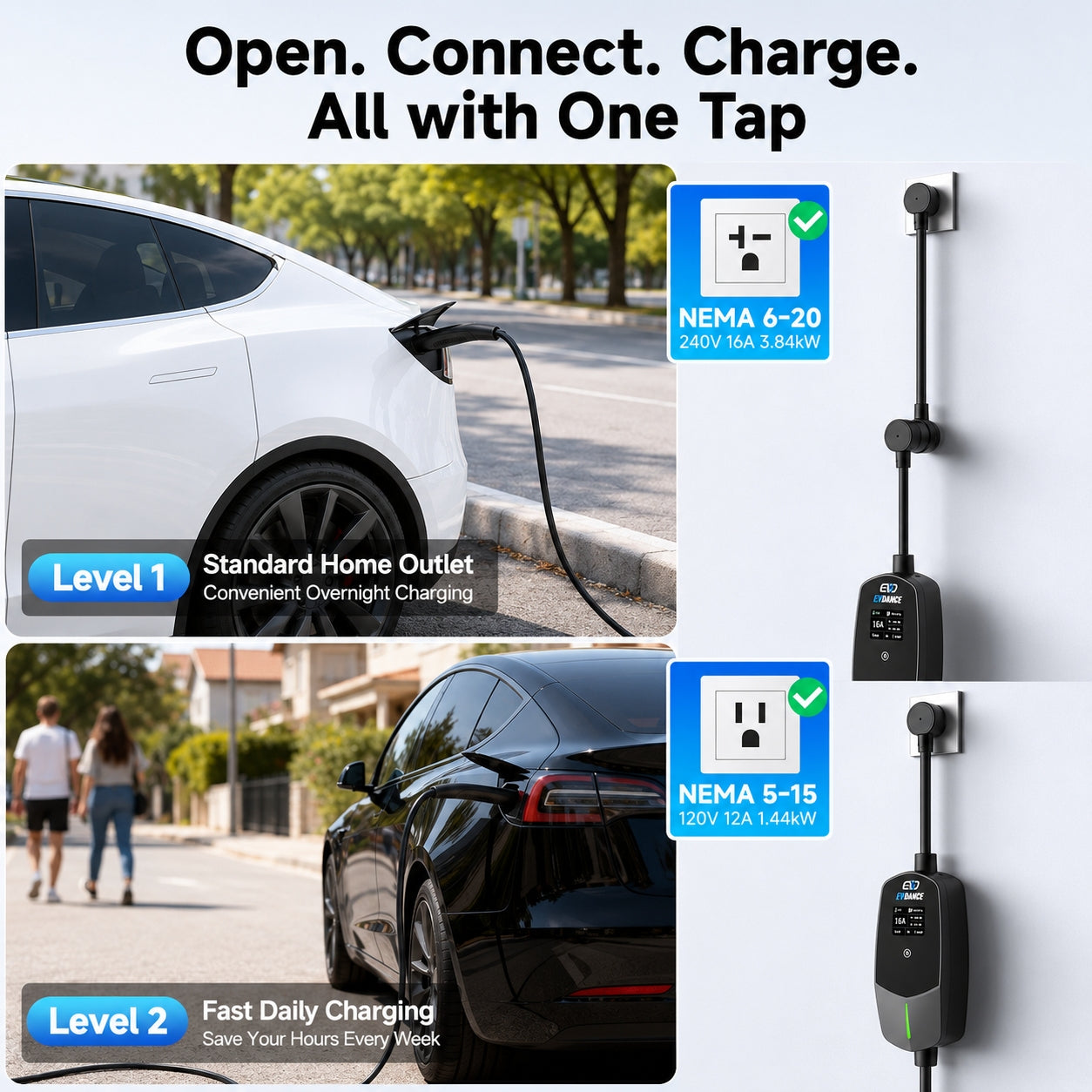 EVDANCE Flux Level 1 & 2NEMA 5-15 Plug NACS Portable EV Charger 12A/16A | ETL Certification