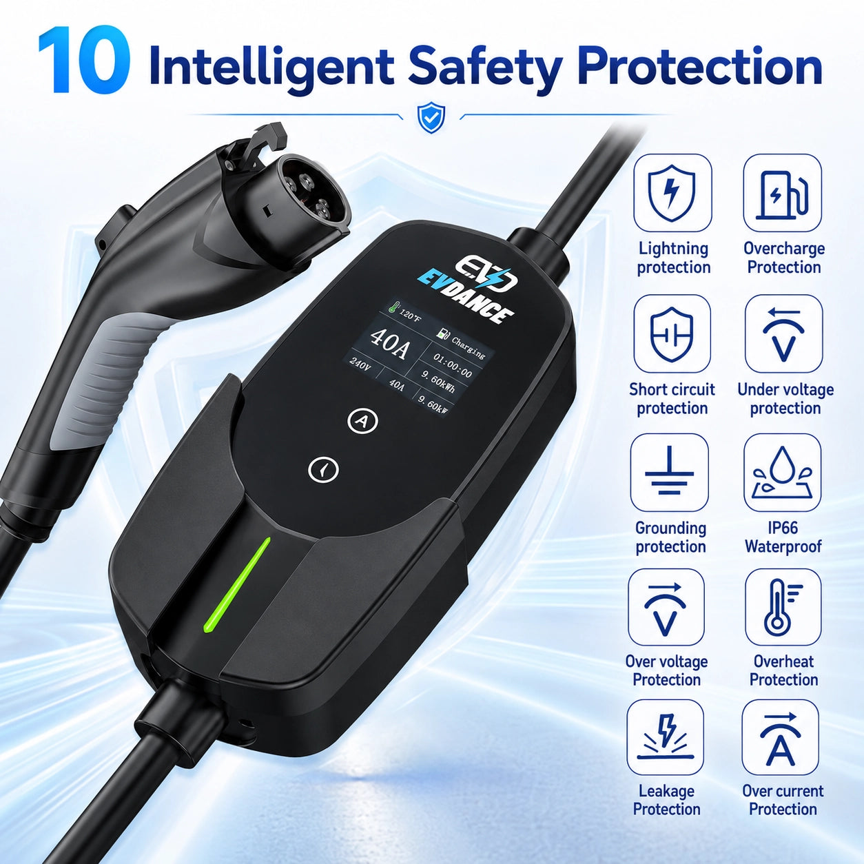 EVDANCE Flux Level 2 NEMA 14-50 40A J1772 Portable EV Charger | ETL Certification