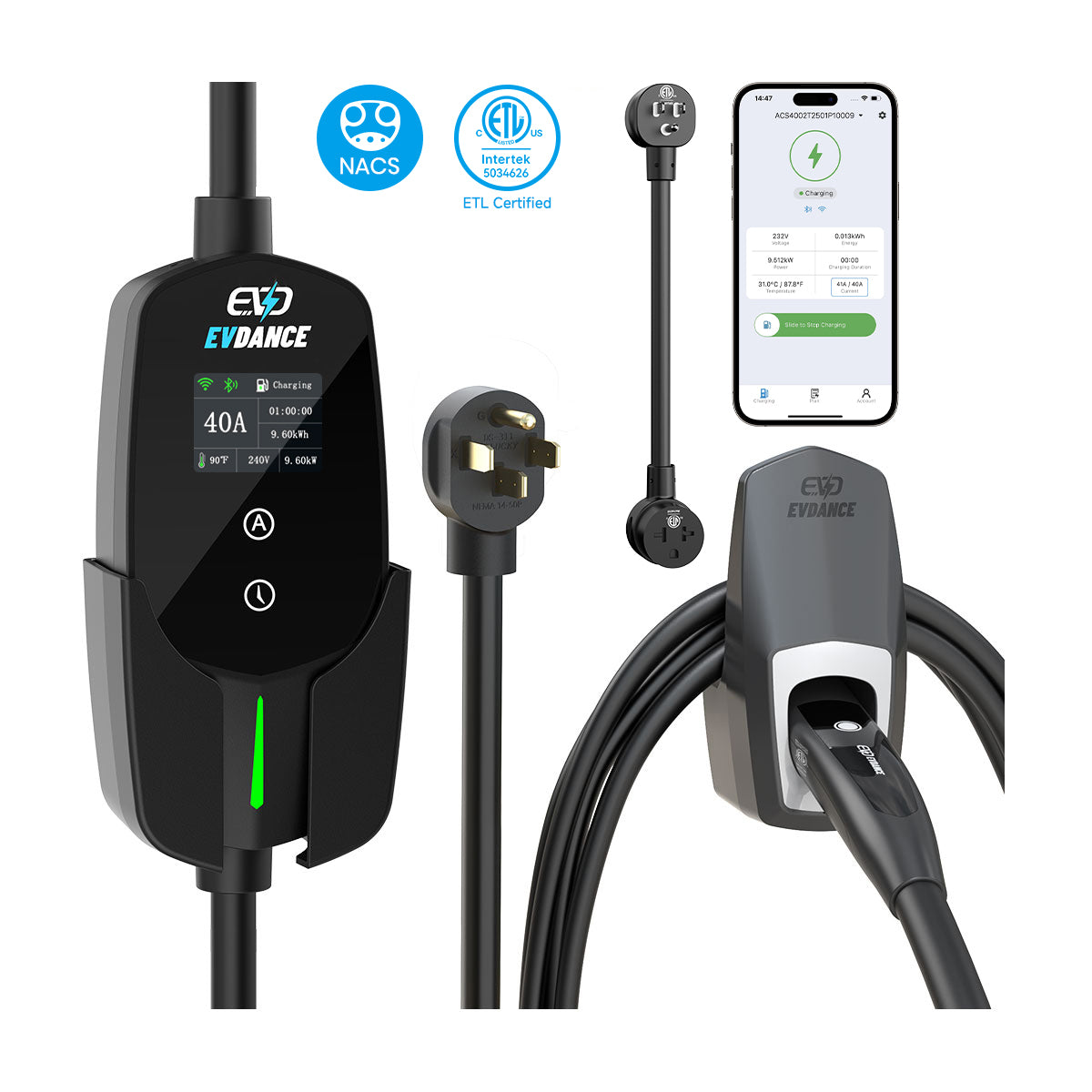 EVDANCE Flux Level 2 NEMA 14-50 40A NACS Portable EV Charger Wifi Enabled | ETL Certification