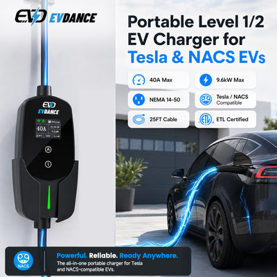 EVDANCE Flux Level 2 NEMA 14-50 40A NACS Portable EV Charger Wifi Enabled | ETL Certification