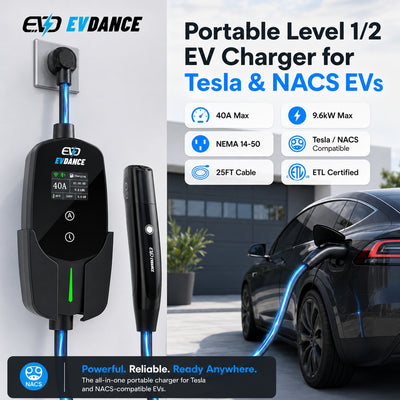 EVDANCE Flux Level 2 NEMA 14-50 40A Tesla Portable EV Charger Wifi Enabled