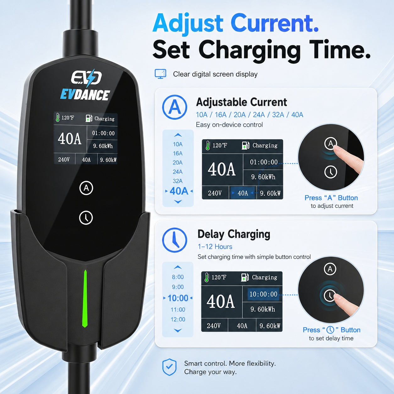 EVDANCE Flux Level 2 NEMA 14-50 40A Tesla Portable EV Charger Wifi Enabled