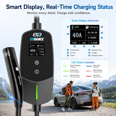EVDANCE Flux Level 2 NEMA 14-50 40A Tesla Portable EV Charger Wifi Enabled